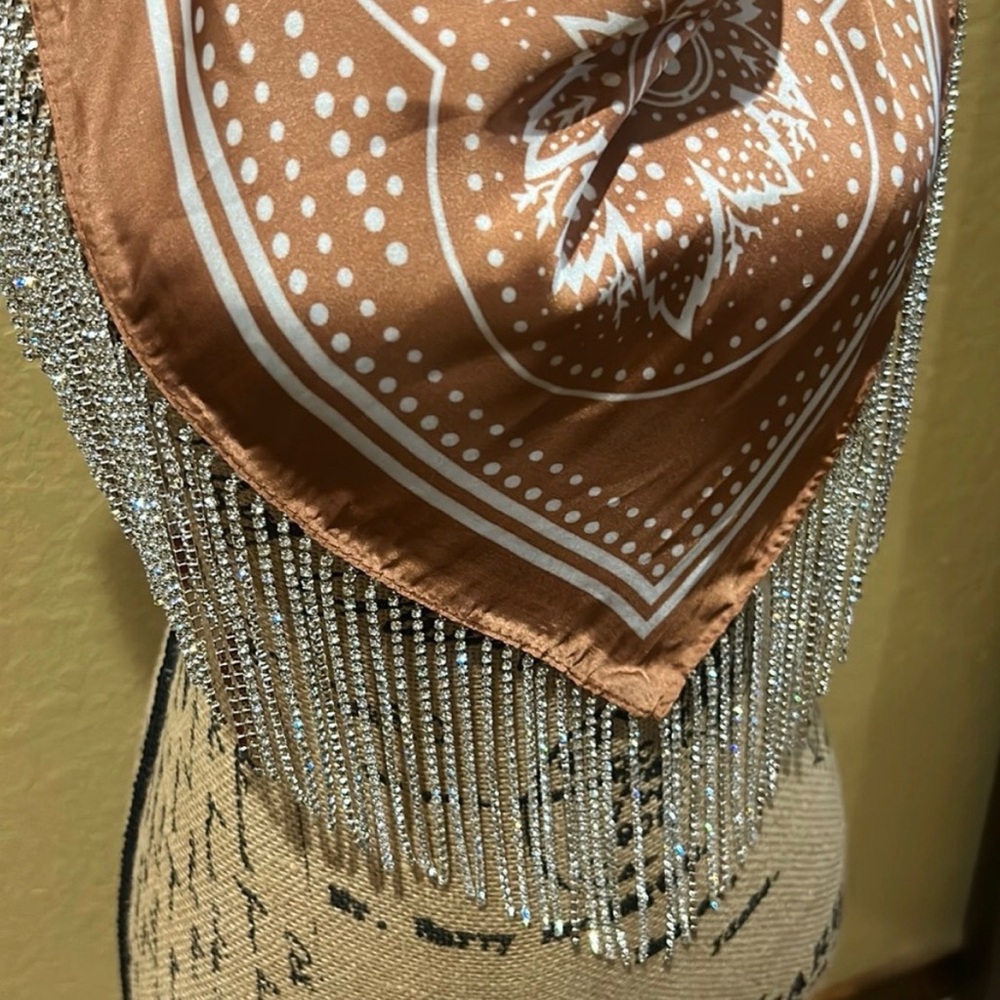Western, satin, rhinestone fringe scarf, camel color, NWT | offer in description - Picture 2 of 3